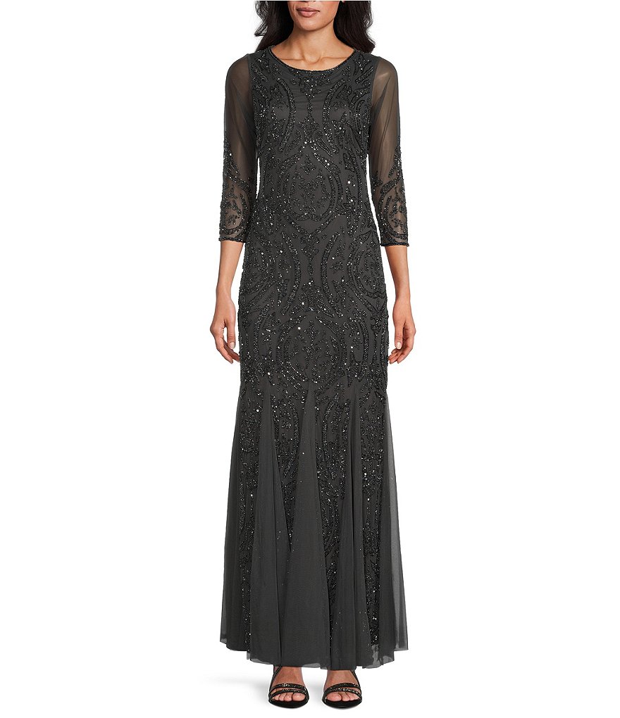 Pisarro Nights Beaded Illusion Crew Neck 3/4 Sleeve Long Gown | Dillard's