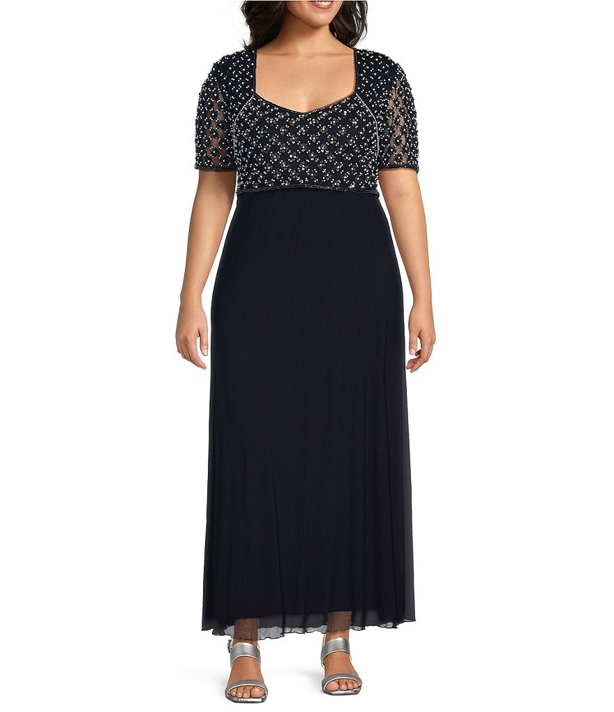 Pisarro Nights Plus Size Beaded Bodice V Neck Short Sleeve Sheath Gown Dillard s