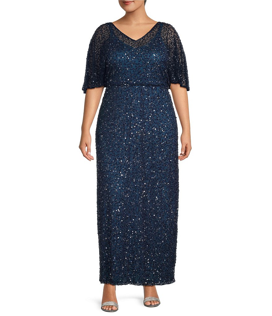 Pisarro Nights Plus Size Short Caplet Sleeve V-Neck Long Beaded Dress ...