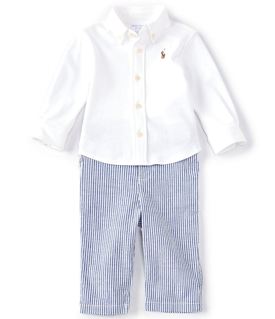Ralph Lauren Baby Boys 3-24 Months Long Sleeve Interlock Shirt & Seersucker  Pants & Belt 3-Piece Set