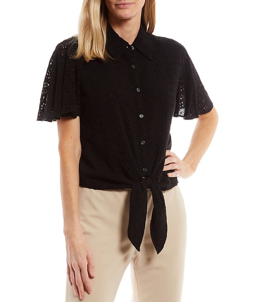 Preston & York Kelsey Eyelet Short Flutter Sleeve Button Down Collar ...