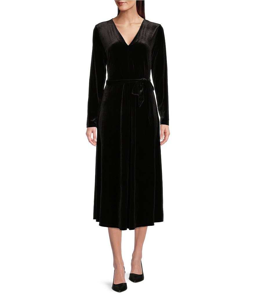 Preston & York Sydney Stretch Velvet Long Sleeve V-Neck Belted Midi ...