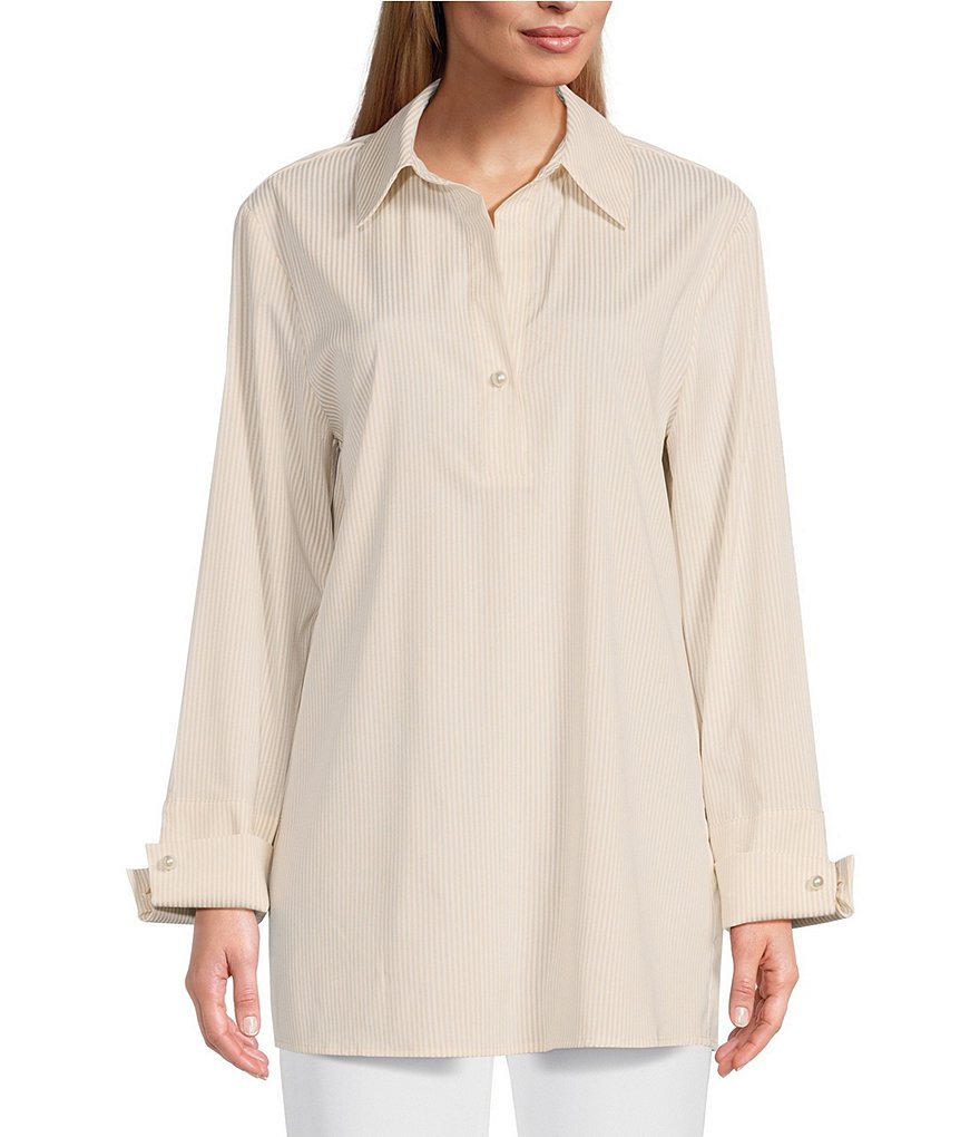 Preston & York Thea V-Neck Collar Long Sleeve Peal Button Front Blouse ...