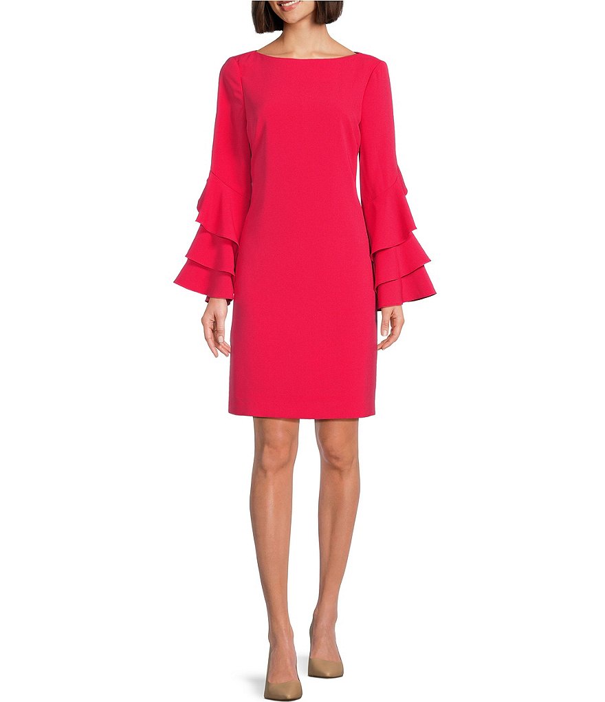 Preston & York Viola Long Ruffle Sleeve Boat Neck Crepe Shift Dress ...