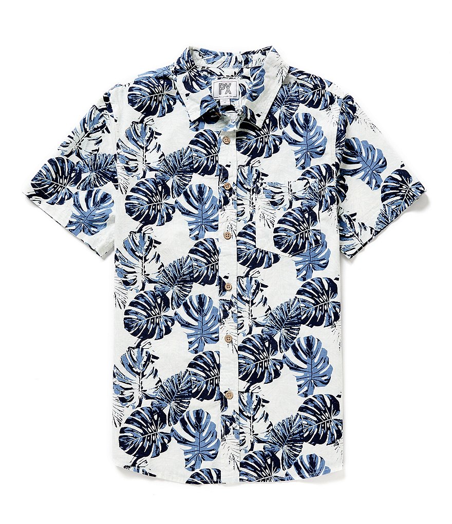 PX Clothing Short Sleeve Palm Print Slub-Yarn Shirt | Dillard's