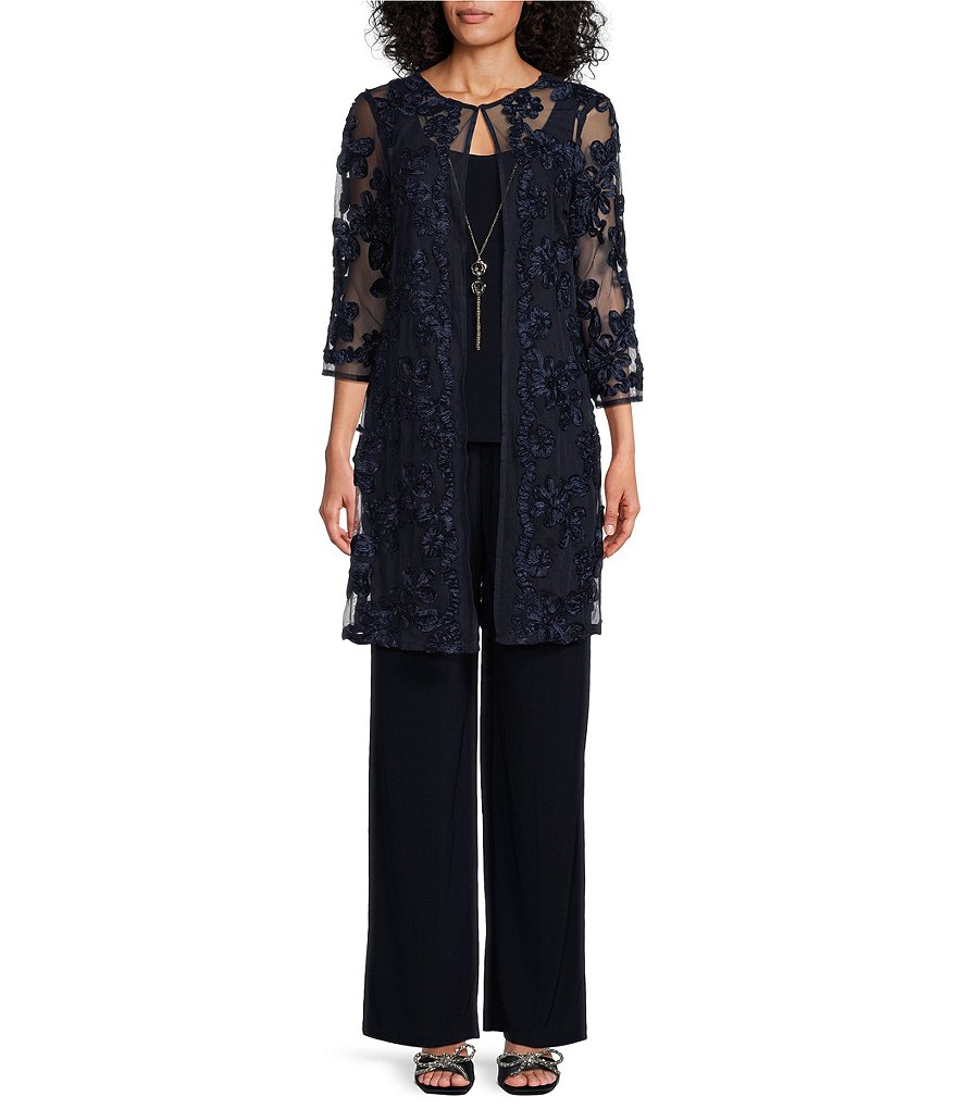 R & M Richards 3/4 Sleeve Crew Neck Embroidered Soutache 3-Piece Pant ...