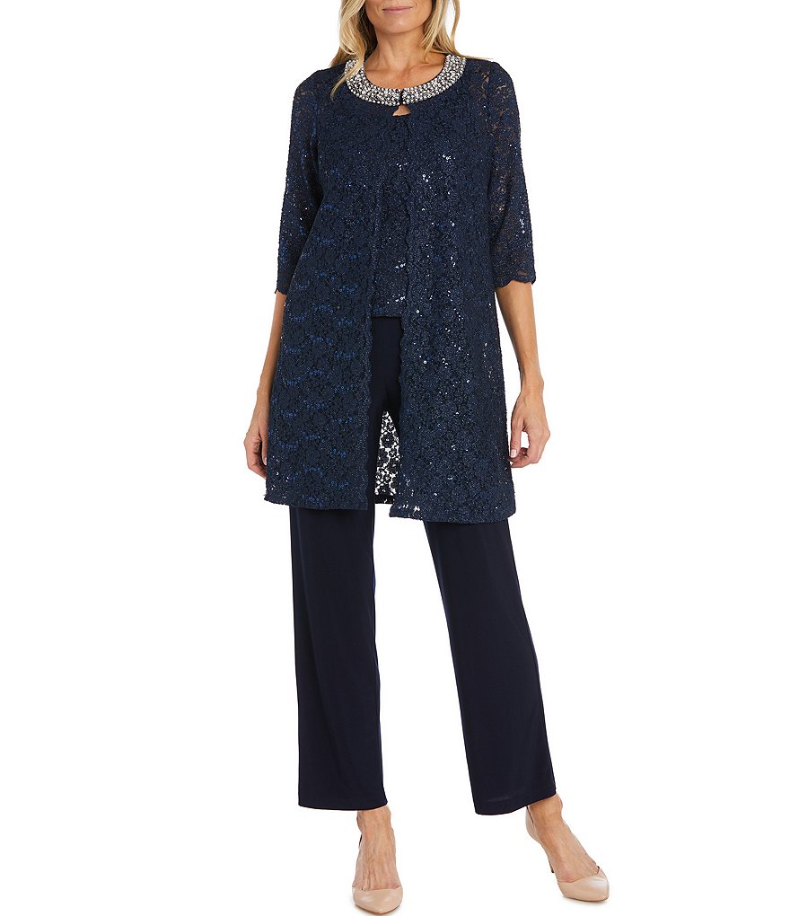 R & M Richards 3/4 Sleeve Sequin And Pearl Embellished Crew Neck Lace 3-Piece  Pant Set
