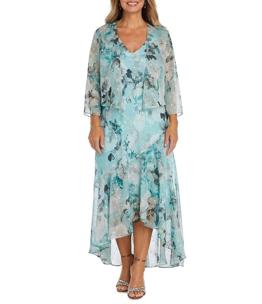 R & M Richards Floral Print Chiffon V-Neck Tiered Ruffled High-Low Hem 3/4  Sleeve 2-Piece Jacket Dress