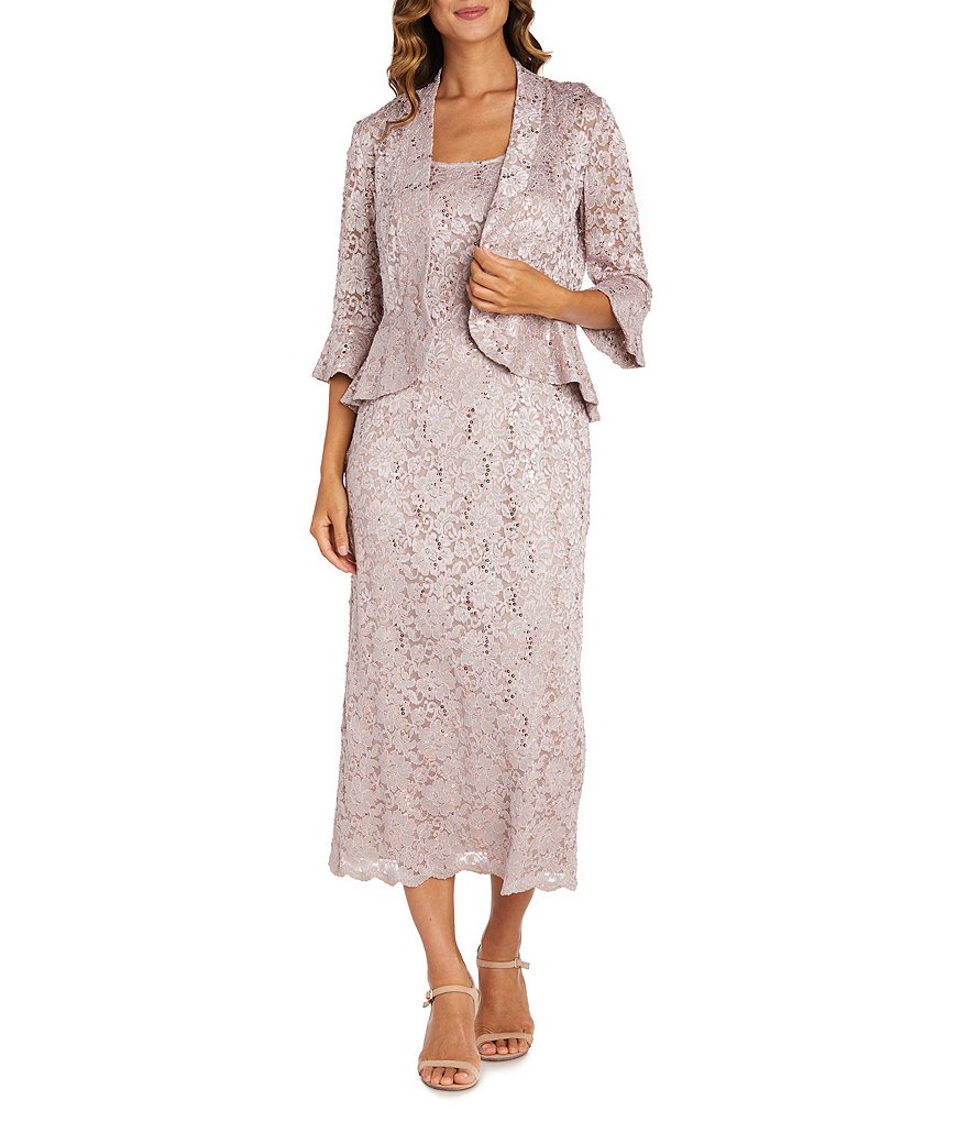 R & M Richards Lace Sequin Power Mesh Scallop Trim 3/4 Sleeve