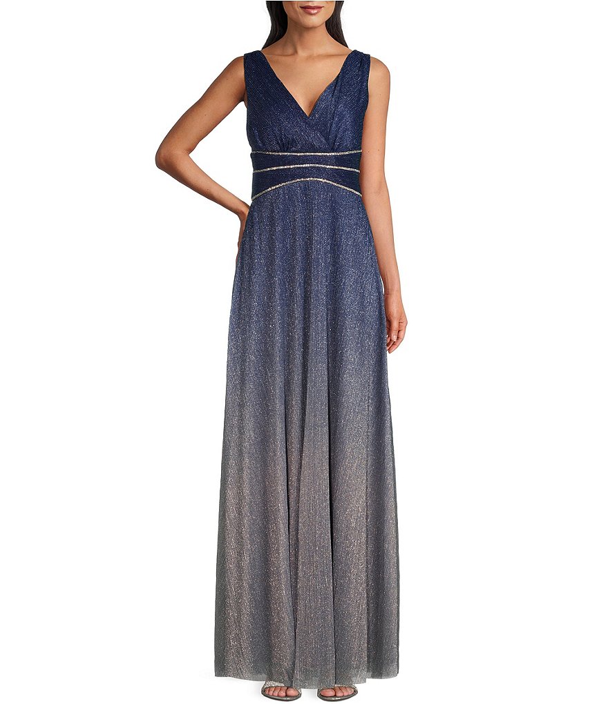 R & M Richards Metallic Knit Sleeveless V-Neck Rhinestone Waist Ombre  Crinkle Pleated Gown