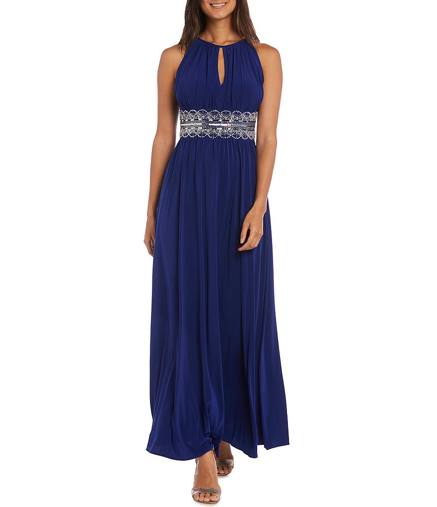 R & M Richards Petite Size Beaded Waist Keyhole Neck Long Gown | Dillard's