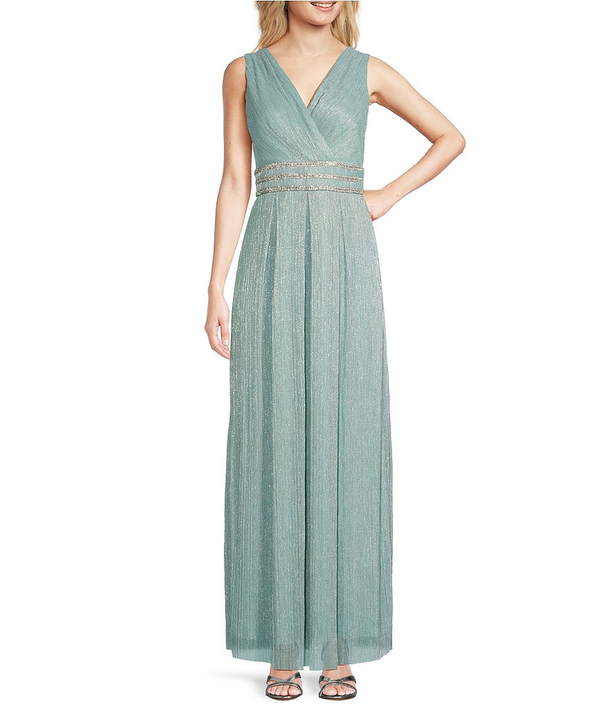 R & M Richards Pleated Metallic V-Neck Sleeveless Gown