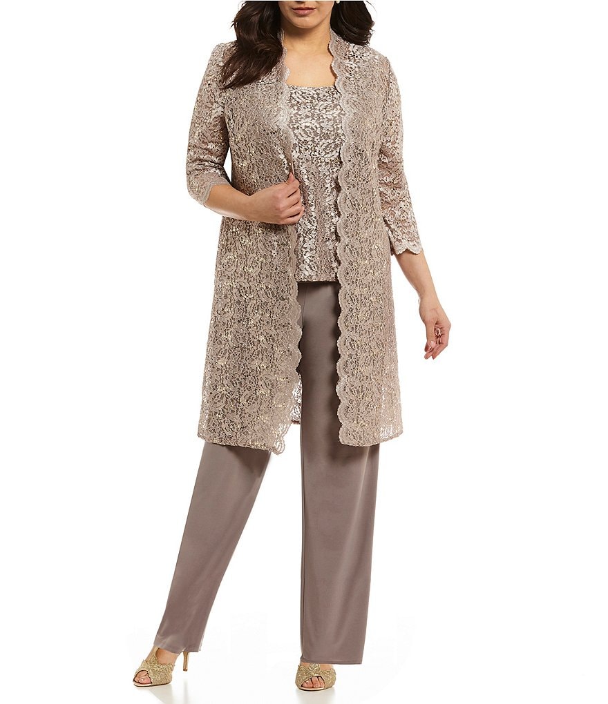 R & M Richards Plus Scallop Glitter Lace Duster 3 Piece Pant Set | Dillards