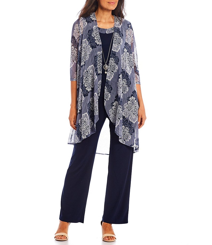 R & M Richards Printed Matte Jersey Round Neck 3/4 Sleeve 3-Piece Duster  Pant Set