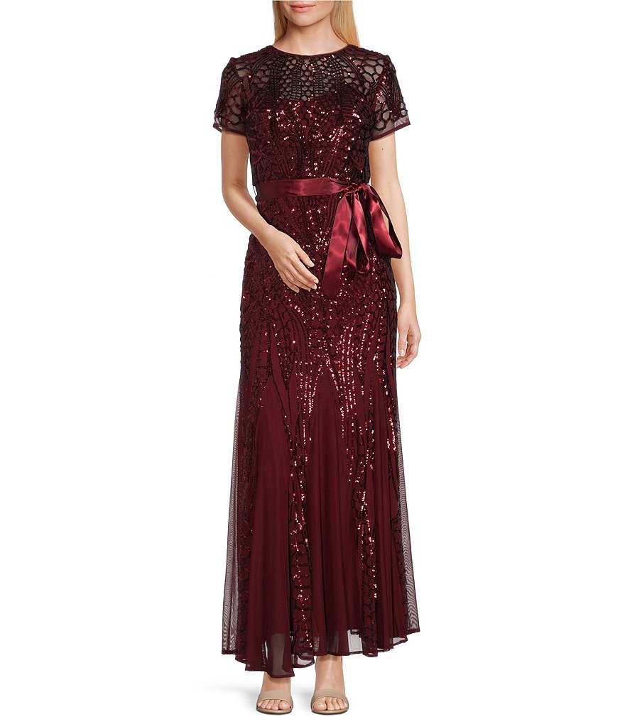 R & M Richards Short Sleeve Embellished Sequin Godet Dress | Dillard's