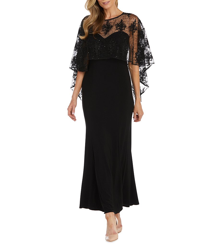 R & M Richards Crew Neck Embroidered Mesh Cape Overlay Dress | Dillard's