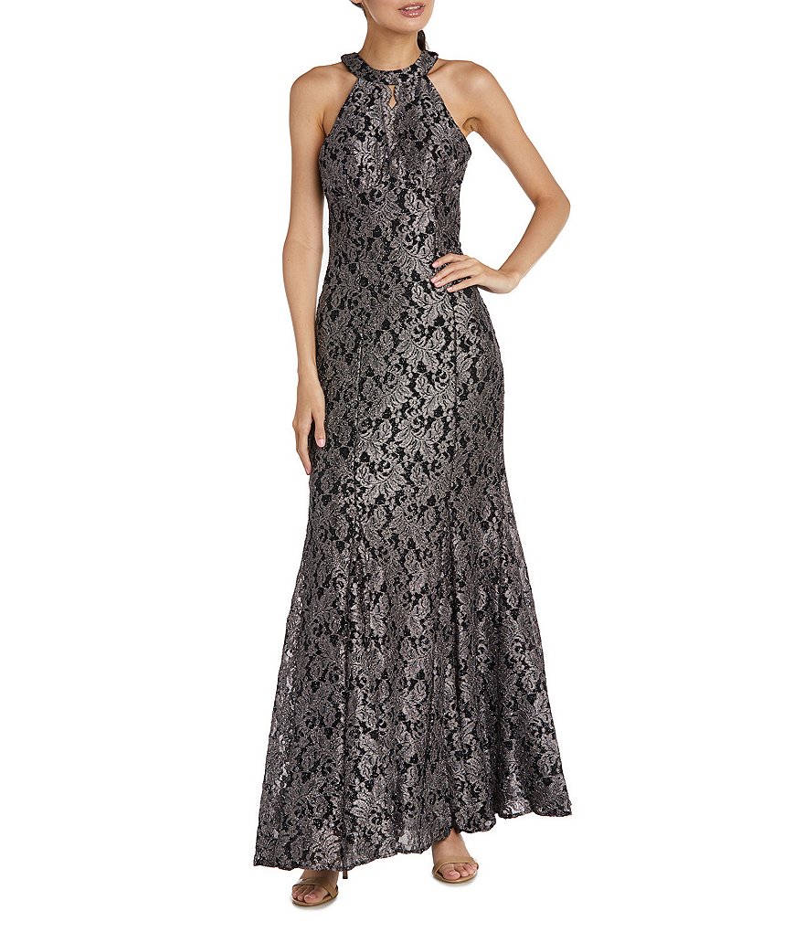 R & M Richards Sleeveless Halter Neck Glitter Lace Long Fit and Flare ...