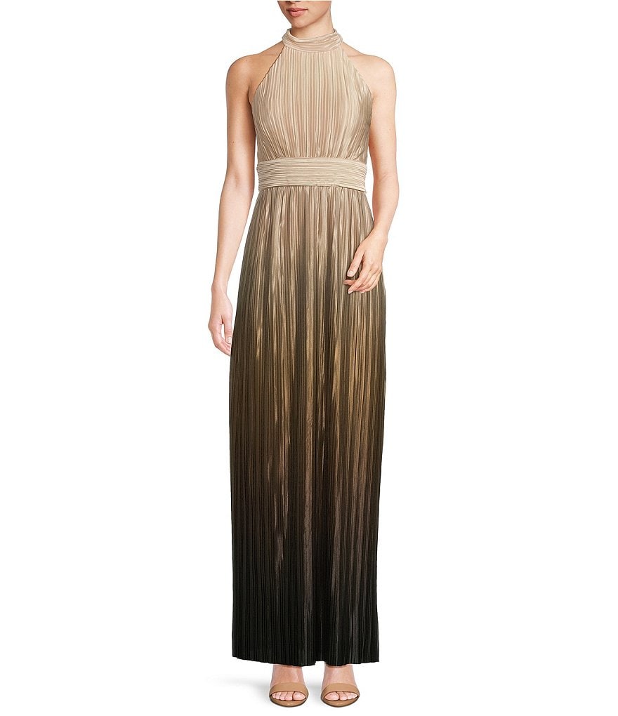 R & M Richards Sleeveless Halter Neck Pleated Ombre Dress | Dillard's