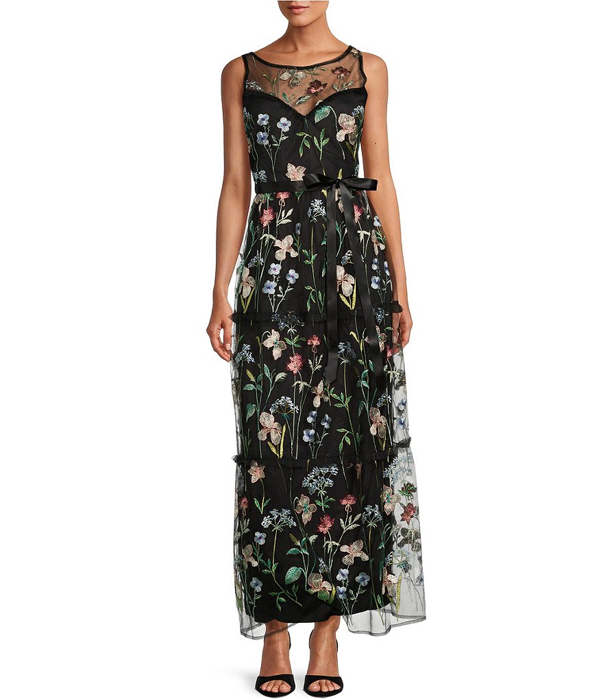 R & M Richards Sleeveless Sweetheart Illusion Neck Floral Embroidered ...