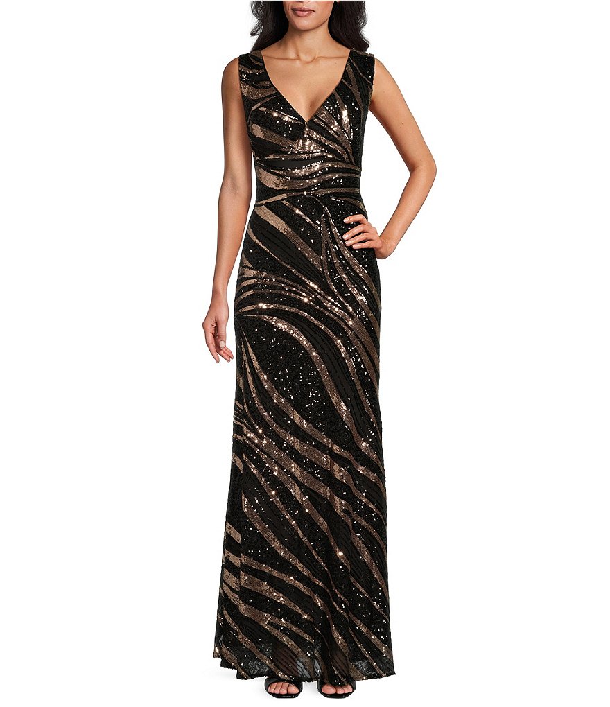 R M Richards Sleeveless V Neck Two Tone Sequin Gown Dillard s