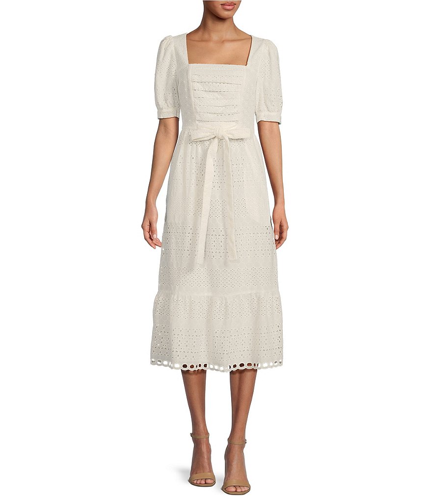 Rachel Parcell Eyelet Combo Square Neck 3/4 Sleeve Midi Dress | Dillard's