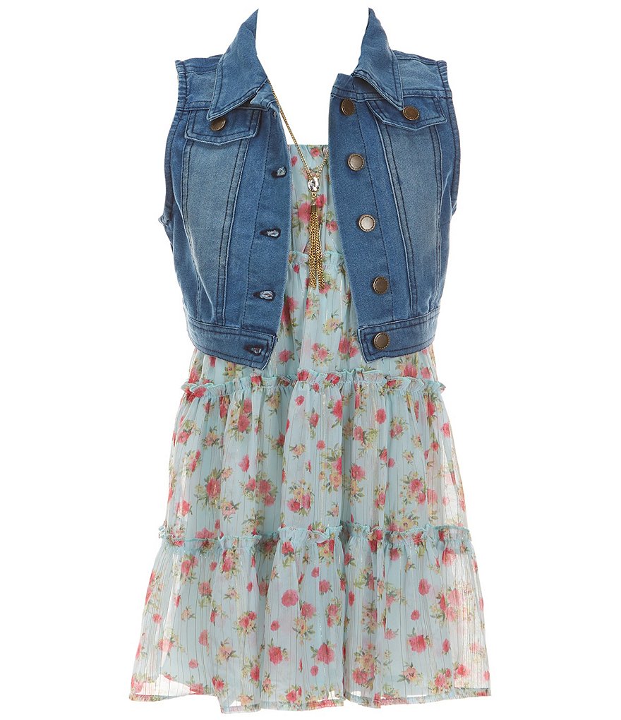 S Varci Big Girl Denim Off White Floral Vest & Skirt 2Pc. Set (Size: 14) online