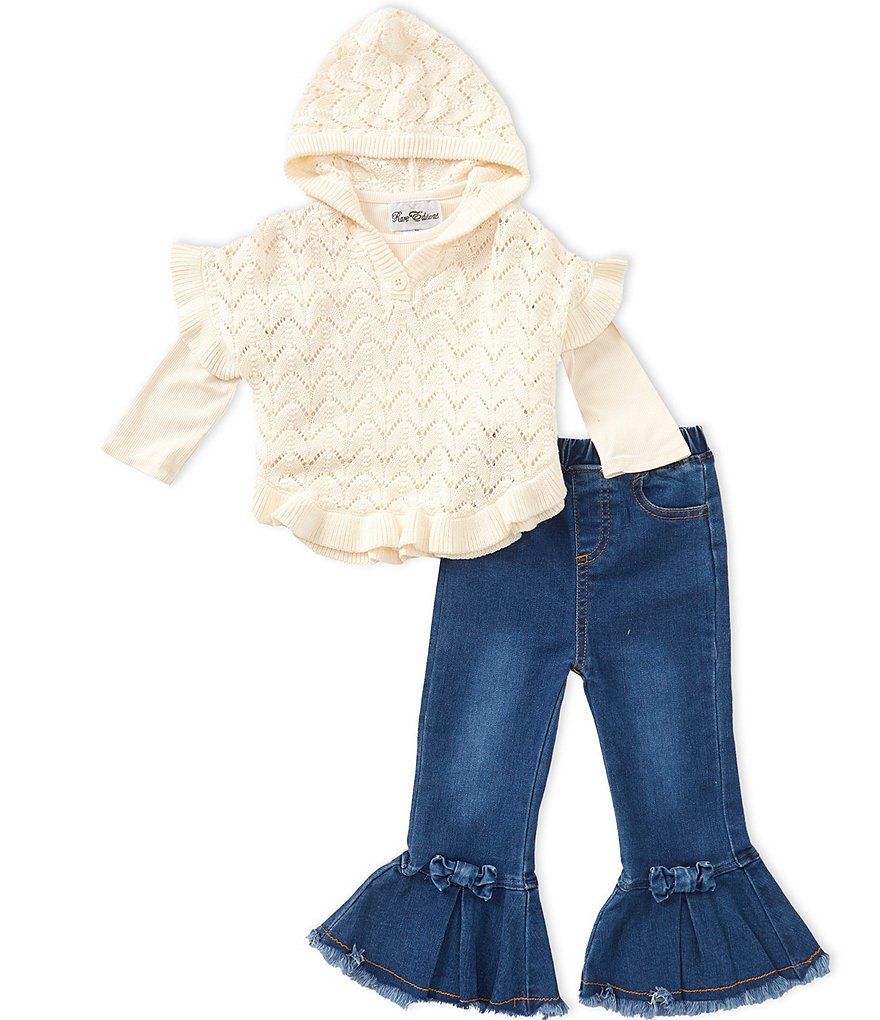 Little Girls Long-Sleeve Patterned-Knit Hooded Poncho & Bow-Accented Denim Jeans Set