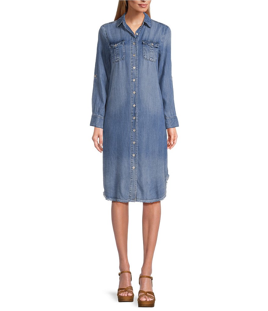 Reba Chambray Point Collar Long Sleeve Frayed Hem Shirt Dress | Dillard's