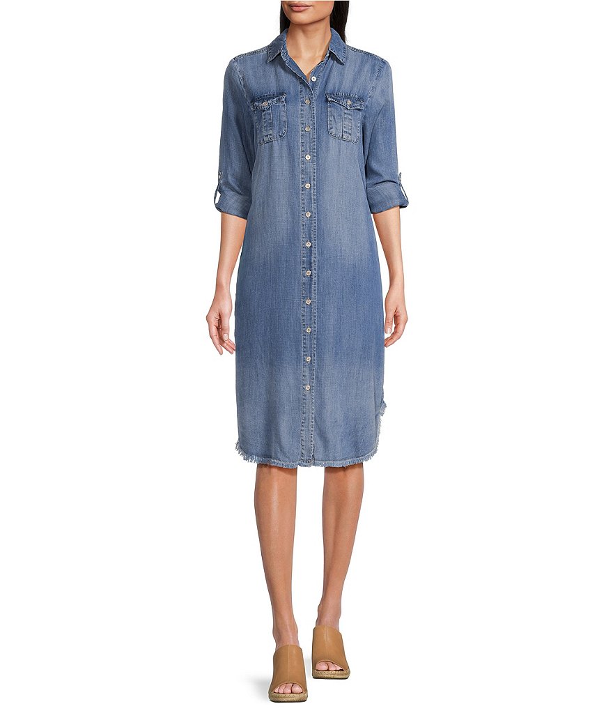 Reba Chambray Point Collar Long Sleeve Frayed Hem Shirt Dress | Dillard's