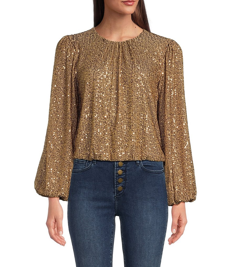 Reba Crew Neck Long Balloon Sleeve Sequin Mesh Top | Dillard's