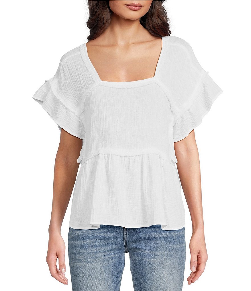 Reba Crinkled Cotton Gauze Woven Square Neck Short Flutter Sleeve Top ...