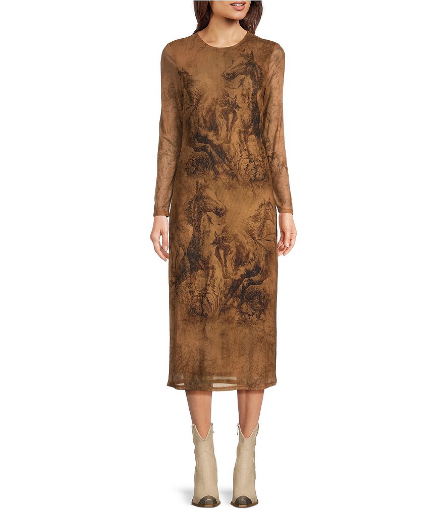 Reba Mesh Wild Mustang Graphic Crew Neck Long Sleeve Column Sheath Midi ...