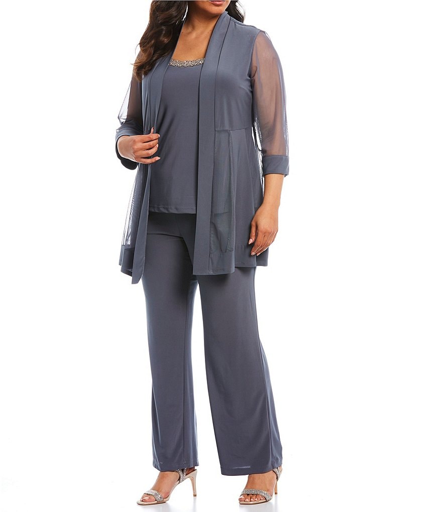 R And M Richards Plus Size Scoop Neck 34 Sleeve Beaded Detail Top And Sheer Knit Jacket 2 Piece
