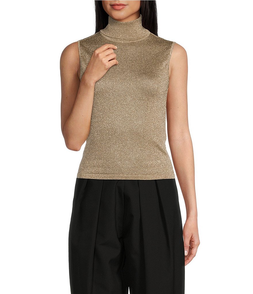 RONNY KOBO Gadot Metallic Knit Turtleneck Sleeveless Tank Top