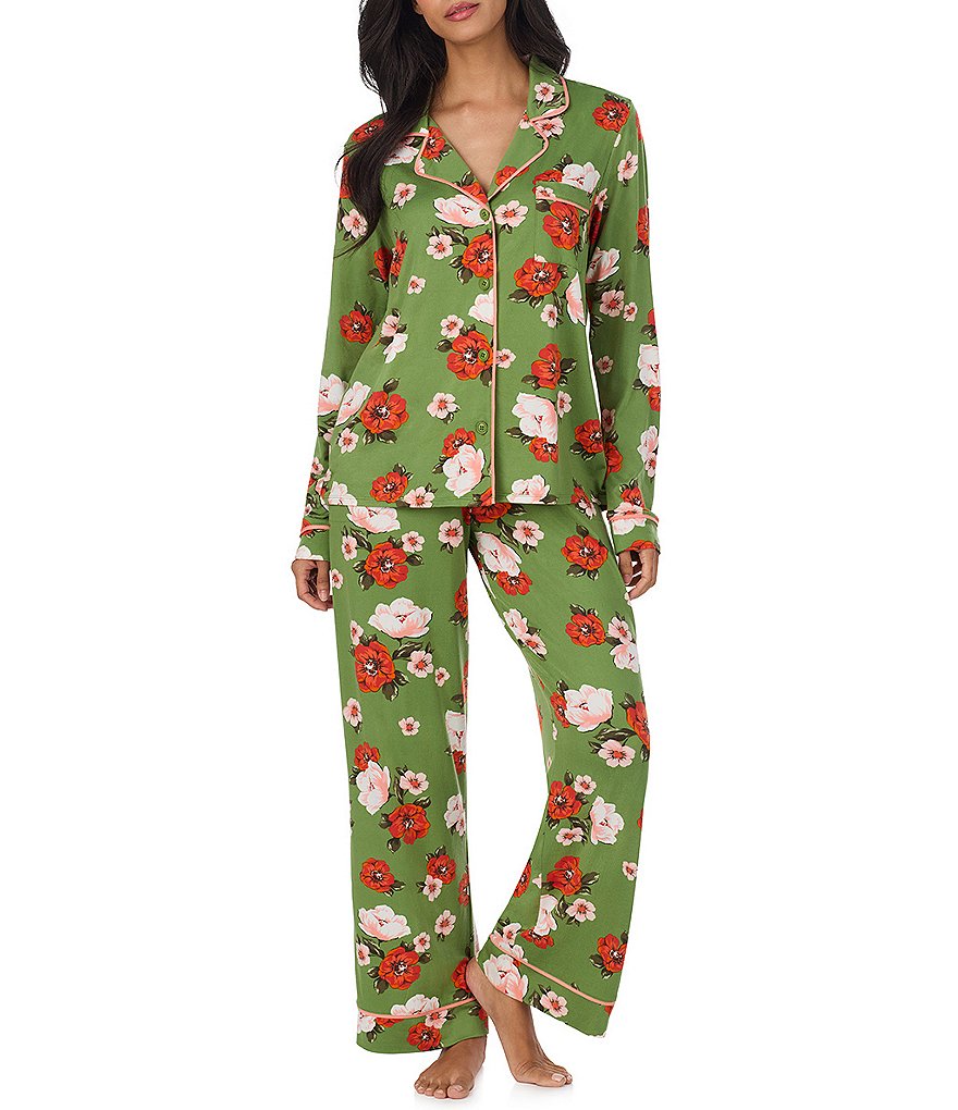 Autumn Blooms Floral Print Long Sleeve Notch Collar Jersey Knit Long Pajama Set