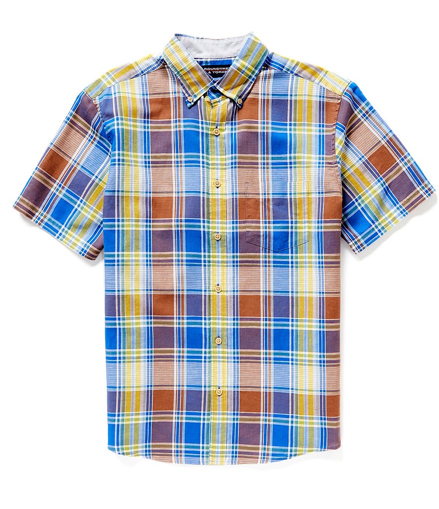 Roundtree & Yorke Short Sleeve Button Down Linen Blend Large Plaid ...