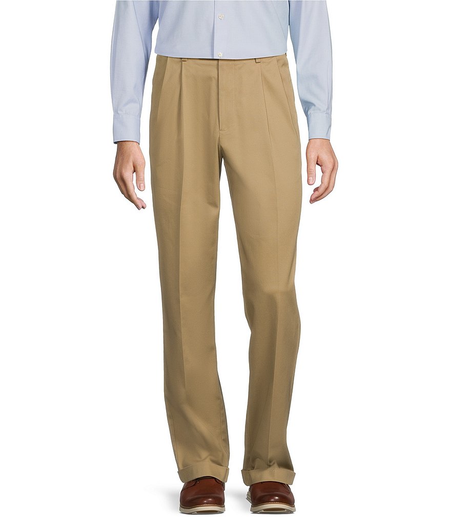 Men's poly cotton pleated front business casual pants in khaki