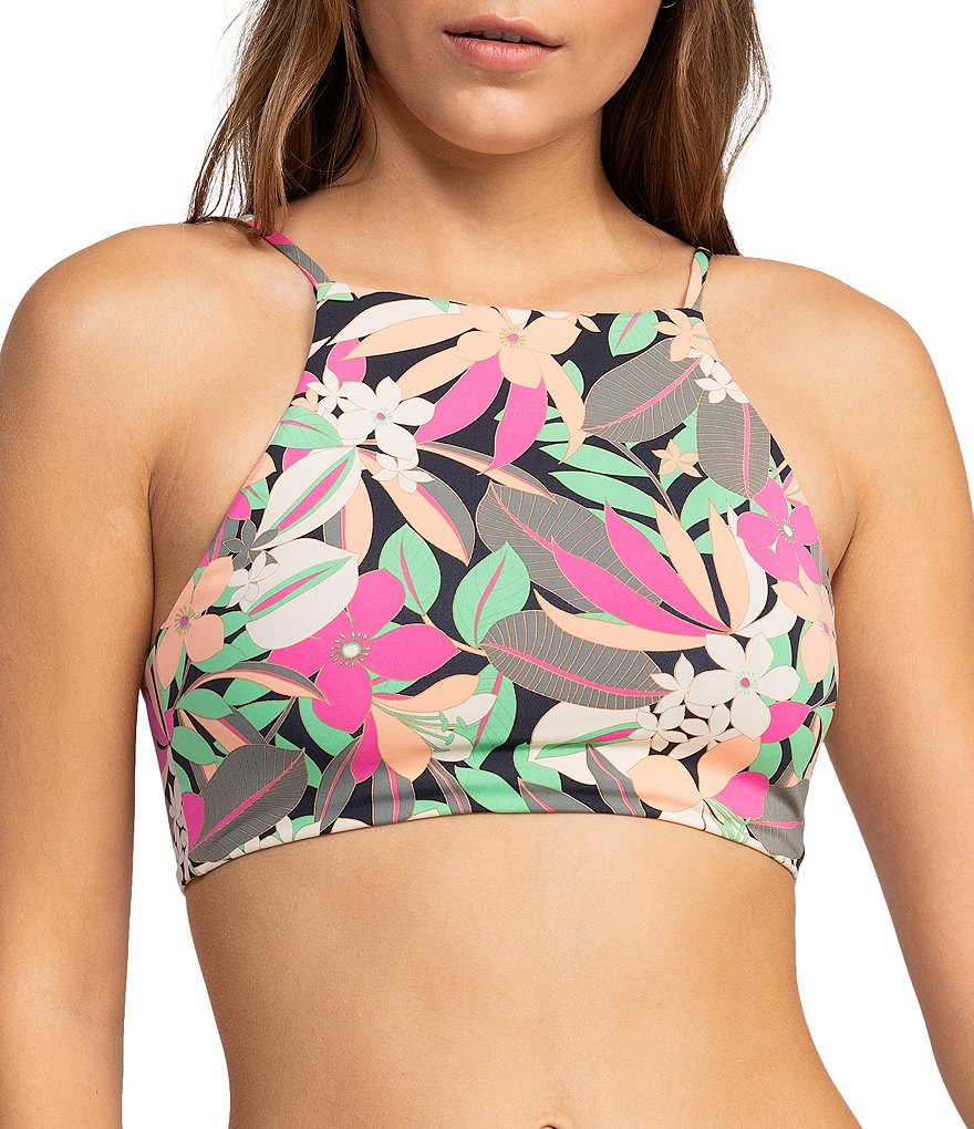 Roxy Beach Classics Floral Print High Neck Swim Top & Side Tie 