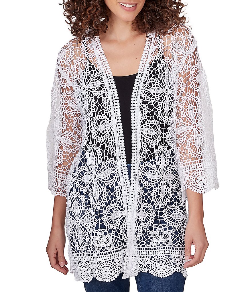 Ruby Rd. Medallion Lace 3/4 Sleeve Open-Front Cardigan | Dillard's
