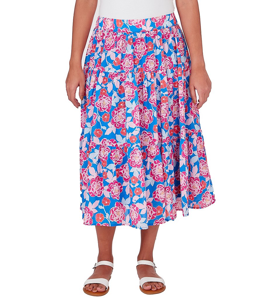 Ruby Rd. Floral Printed Yoryu Elastic Waist Midi A-Line Skirt