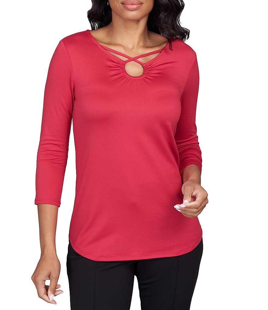 Ruby Rd. Plus Size Knit Mixed Print Keyhole Neck 3/4 Sleeve Shirt |  Dillard's