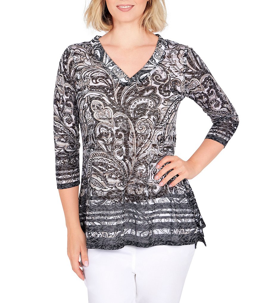 Ruby Rd. Paisley and Stripe Border Print Burnout Knit V-Neck 3/4 Sleeve ...