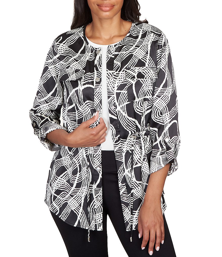 Ruby Rd. Petite Size Fine Line Abstract Print Satin Long Roll-Tab