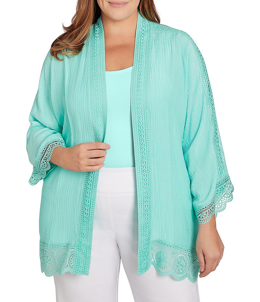 Ruby Rd. Plus Size Crinkle Gauze Lace Trim Bracelet Length Sleeve Open ...