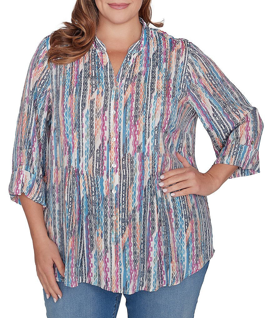 Ruby Rd. Plus Size Diamond Ikat Print Silky Soft Gauze Long Roll-Tab ...
