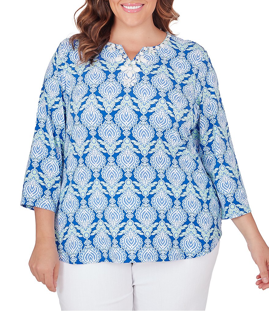 Ruby Rd. Plus Size Embellished Foulard Print Split Round Neck 3/4 ...