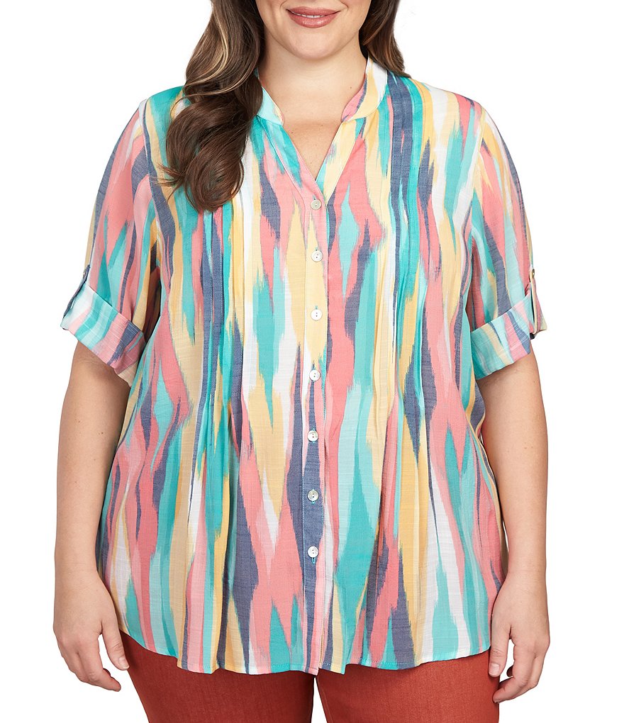 Ruby Rd. Plus Size Tropical Print Notch Neck 3/4 Roll-Tab Sleeve Button Tie  Front Shirt