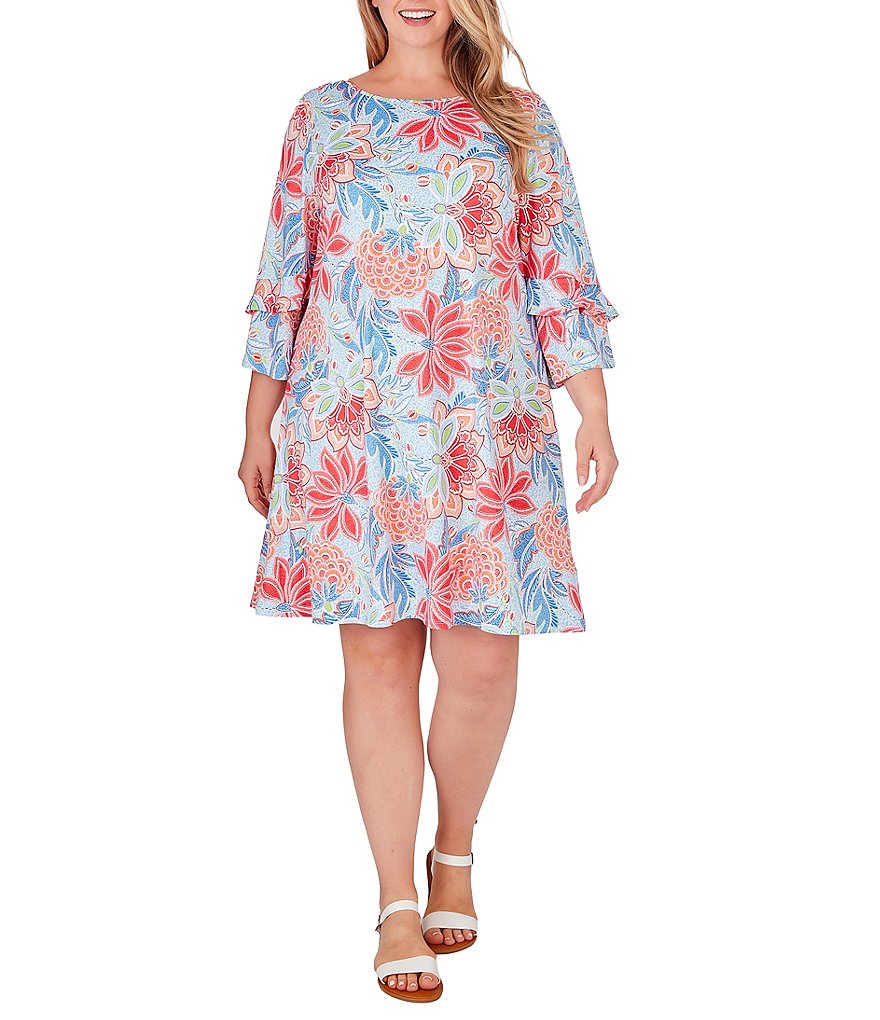 Ruby Rd. Plus Size Knit Filigree Floral Boat Neck 3/4 Flounce Sleeve A ...