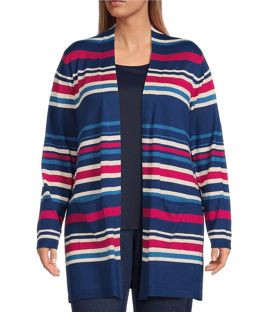 Ruby Rd. Plus Size Striped Open-Front Pocket Cardigan
