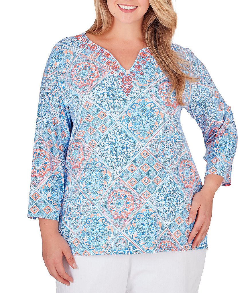 Ruby Rd. Plus Size Tile Print Knit Embroidered Notch Neck 3/4 Sleeve Top